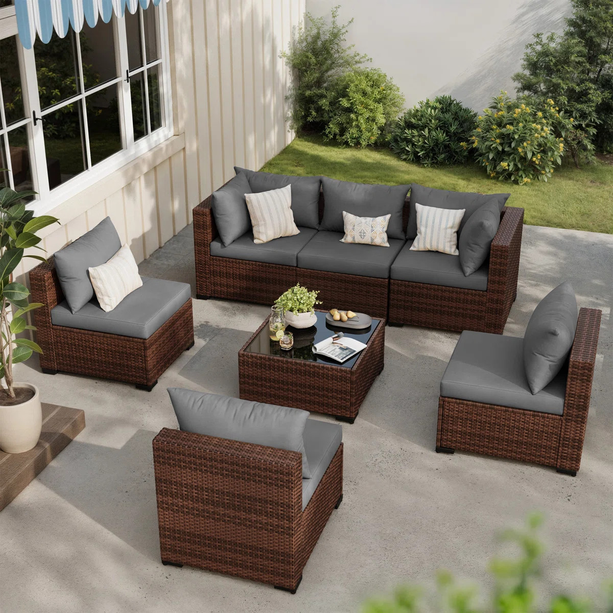 7 Piece Patio Conversation Set With Coffee Table And Cushions | Wayfair North America
