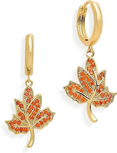 Sonateomber Fall Maple Leaf Dangle Drop Small Gold Hoop Huggie Earrings for Women, Cute Sparkly O... | Amazon (US)