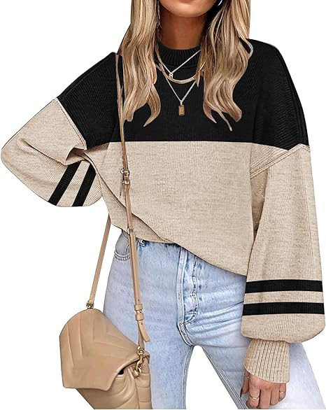 ETCYY Womens Sweaters Fall 2024 Batwing Long Sleeve Side Slit Knit Tops Crew Neck Striped Oversiz... | Amazon (US)