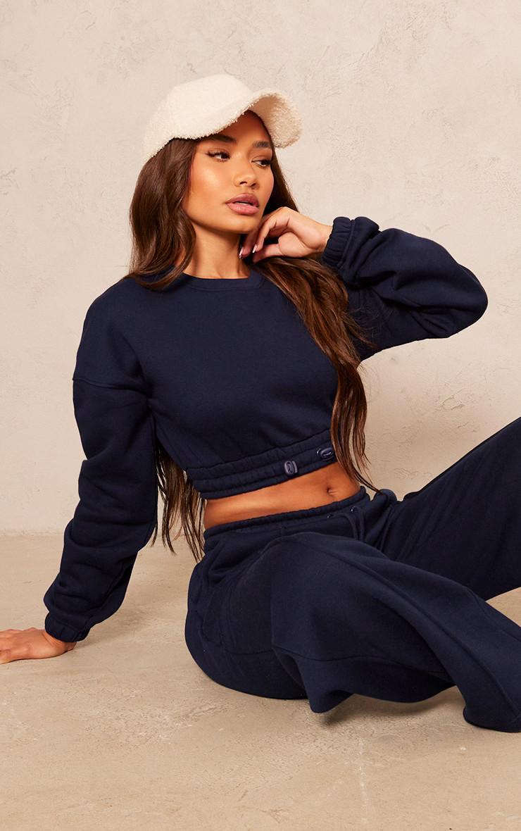 Petite Navy Crop Elasticated Sweat Top | PrettyLittleThing US