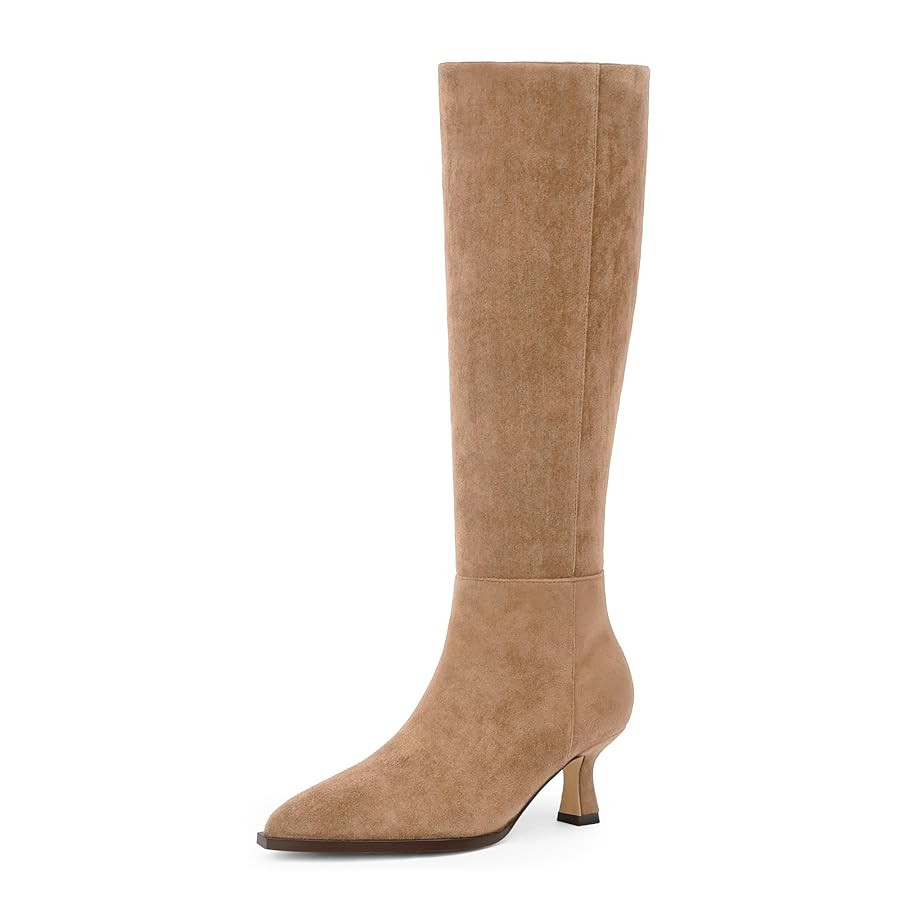 Modatope Knee High Boots Kitten Low Heel Faux Leather Pointed Toe Side Zipper Fall Long Tall Boot... | Amazon (US)