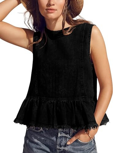 Huaqiao Womens Summer Sleeveless Denim Tops Button Back Crew Neck Jean Vest Ruffle Hem Y2K Tank Tops Shirts(Black-M) | Amazon (US)