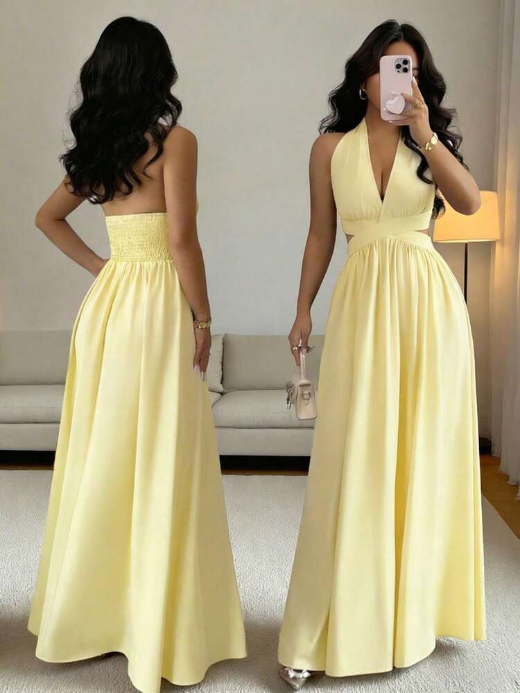 Rafferiza Elegant Sleeveless V-Neck Waist Hollow Design Pleated Dress, Purple, Spring/Summer New Arrival, Women's Graceful Long Dress | SHEIN