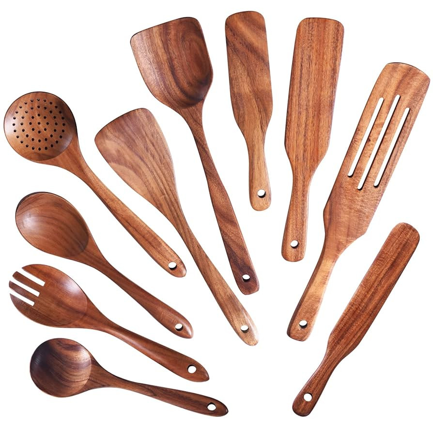 Wooden Spoons for Cooking,GUDAMAYE 10 PCS Wooden Kitchen Utensils Set,Wooden Cooking Utensils For... | Amazon (US)