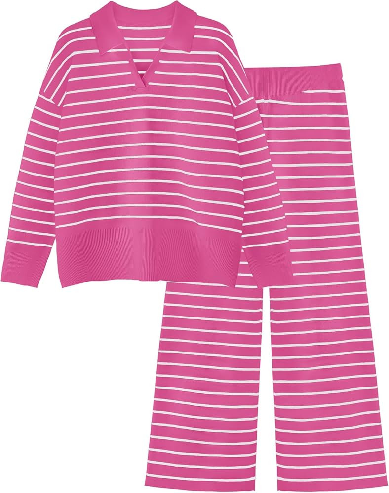 Tankaneo Womens Fall Outfits 2 Piece Sets Striped Knit Sweater Set Collared Long Sleeve Tops and ... | Amazon (US)