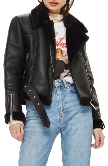 Women's Topshop Finsbury Cropped Faux Shearling Biker Jacket, Size 2 US (fits like 0) - Black | Nordstrom