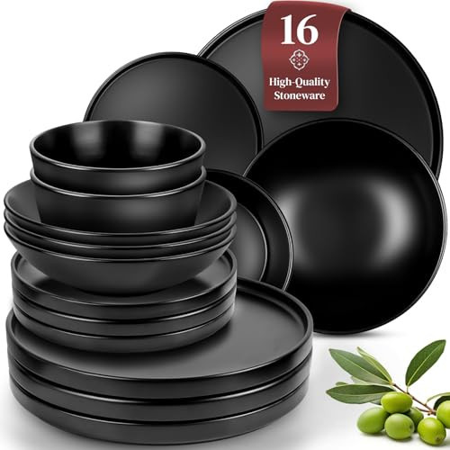 Matte Black Dinnerware Set - Ultra Chic Black Stoneware Dinnerware Sets for 4-16 pcs. Matte Black Plate Set - Dishwasher and Microwave Safe - Black Plates Ceramic and Bowls - Black Dishware | Amazon (US)