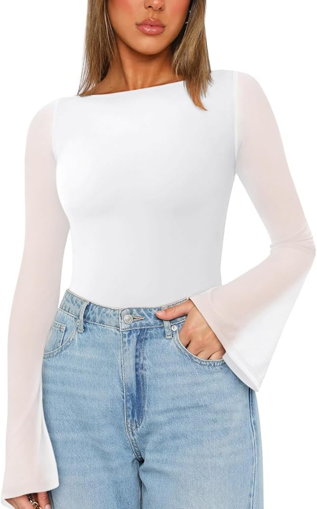 REORIA Women's Trendy Sexy Boat Neck Bell Sleeve Sheer Mesh Going Out Bodysuit Tops | Amazon (US)