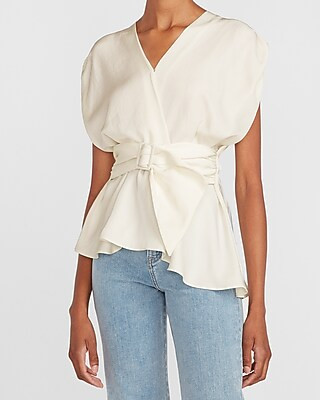 Belted Asymmetrical Wrap Front Top | Express