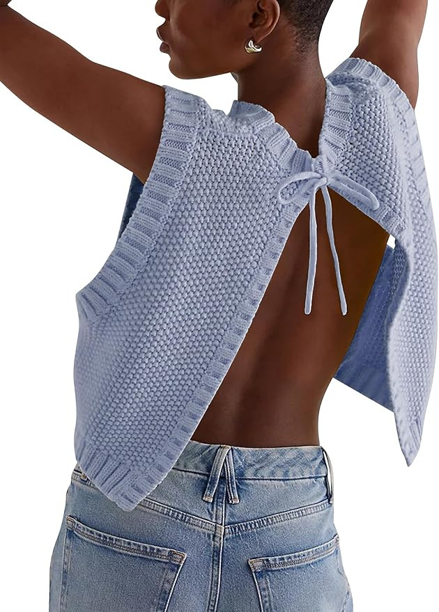 Cioatin Women Y2K Backless Tie Up Knit Crop Sweater Vest Sleeveless Round Neck Split Open Back Pu... | Amazon (US)
