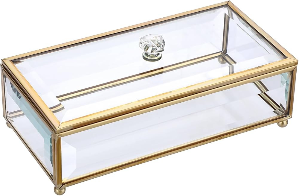 Hipiwe Vintage Glass Keepsake Box with Lid Rectangle Jewelry Display Box Clear Trinket Organizer ... | Amazon (US)