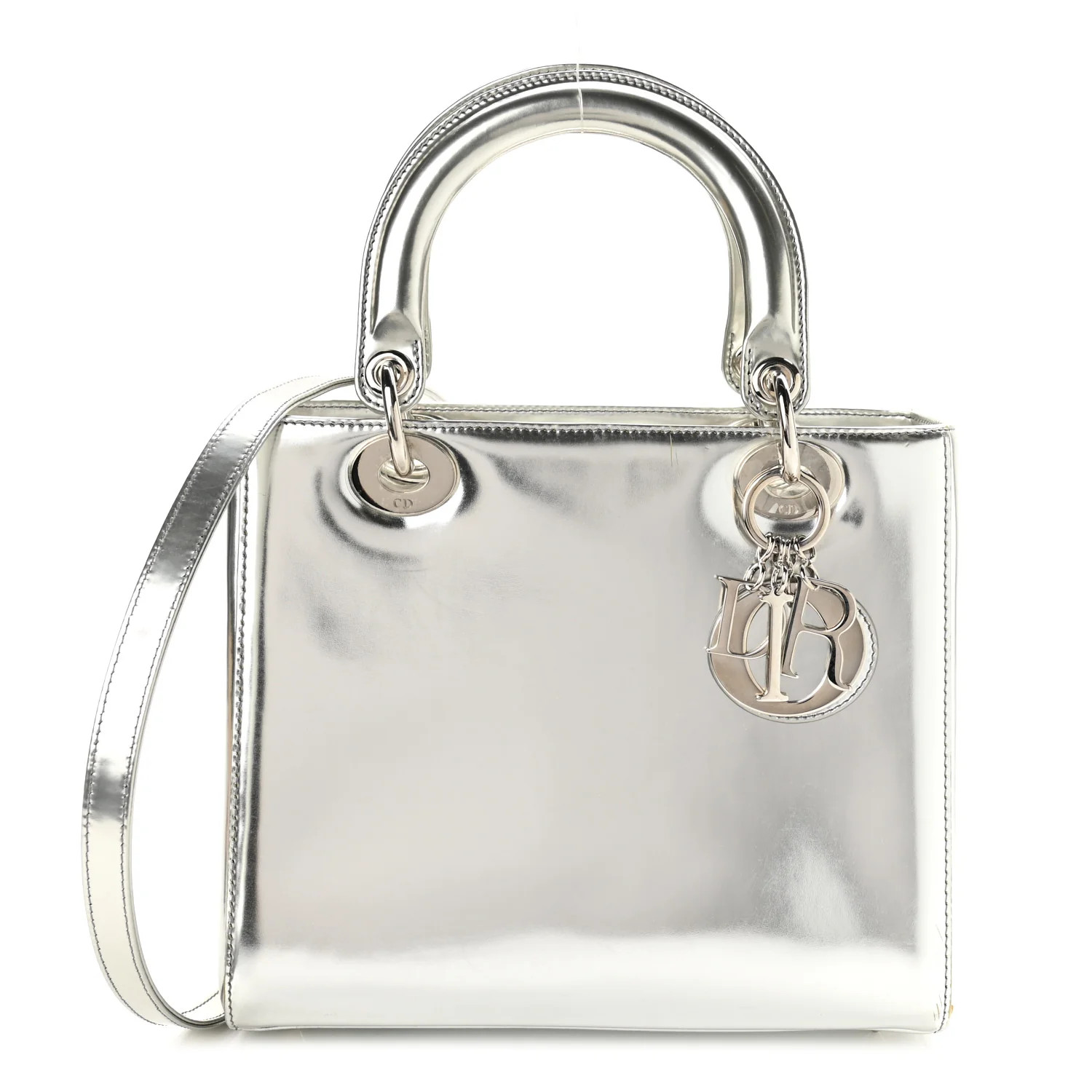 CHRISTIAN DIOR Metallic Patent Calfskin Medium Lady Dior Silver | FASHIONPHILE (US)