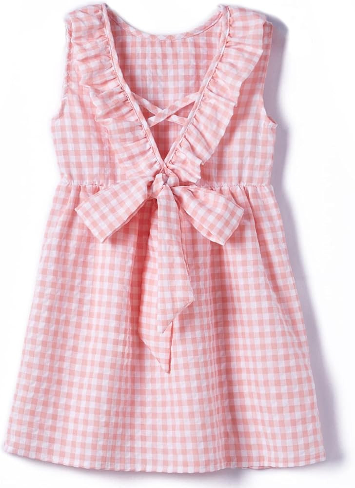Toddler Baby Girls Cotton Ruffle Backless Sleeveless Swing Kids Plaid Casual Dresses | Amazon (US)