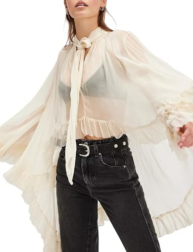 Seyumixi Women Long Bell Sleeve Frill Top See Through Sheer Mesh Blouse High Low Hem Ruffled Sexy Flowy Tops Shawl Shirt(Ivory White,S) | Amazon (US)