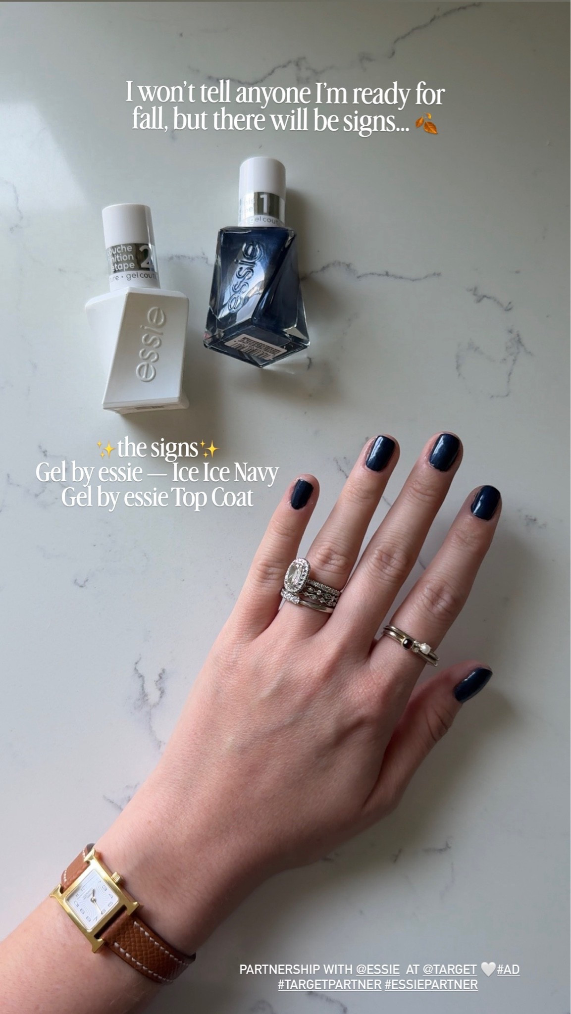 I partnered with @target and @essie just in time for a seasonal nail refresh. And I found the perfect Gel by essie fall shades.  Ice Ice Navy is a beautiful pearly sapphire blue. Just two coats followed by the Gel by Essie Shiny Top Coat gives you that high-shine gel manicure finish, right at home. #ad #targetpartner #essiepartner