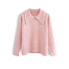 Pearl Trims Collar Soft Touch Knit Sweater in Pink | Chicwish