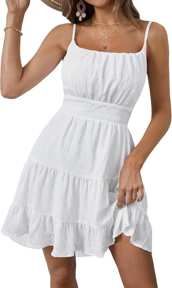 WDIRARA Women's Summer Textured Ruched Shirred Ruffle Hem A Line Dress High Waist Short Cami Dres... | Amazon (US)