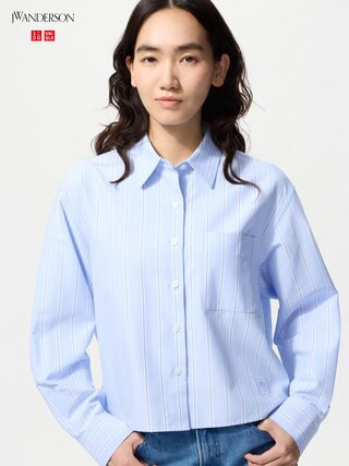 Women's Oxford Boxy Cropped Shirt Striped Blue Medium UNIQLO US | UNIQLO (US)