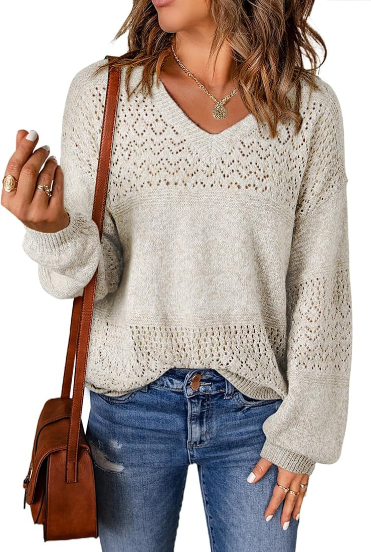 SHEWIN Womens Sweaters Casual Long Sleeve V Neck Lightweight Crochet Pullover Sweater Tops | Amazon (US)
