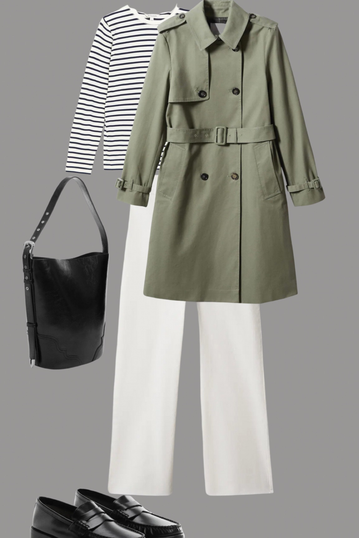 Trench coat styling with this olive trench from M&S. pair with cream cropped jeans, a bucket bag, Penny loafers and a striped top.