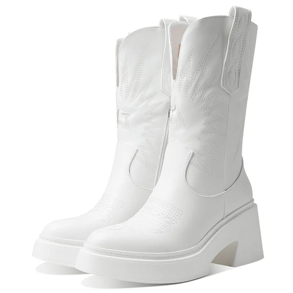 Celnepho Womens Western Cowboy Boots Platform Chunky Heel Embroidery Pull on Mid Calf Boots Shoes... | Walmart (US)