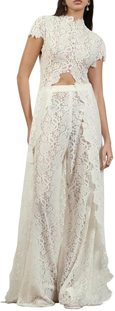 2 Piece Sets for Women Dressy Asymmetrical Lace Top Button Down and Wide Leg Pants Date Outfits | Amazon (US)