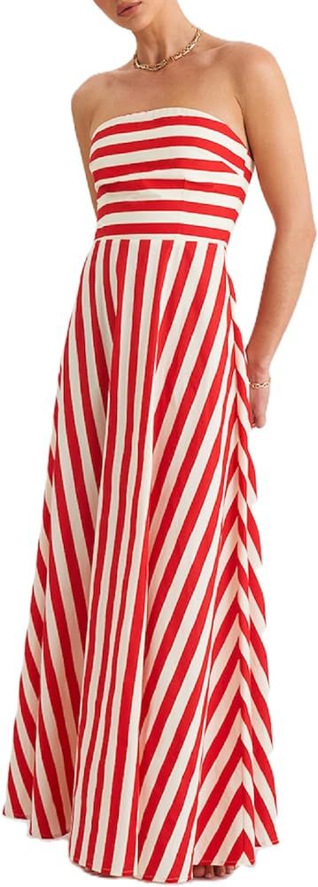 Women Striped Strapless Maxi Dress Print Off Shoulder Backless Tube Dress Ruffle Flowy Smocked A ... | Amazon (US)