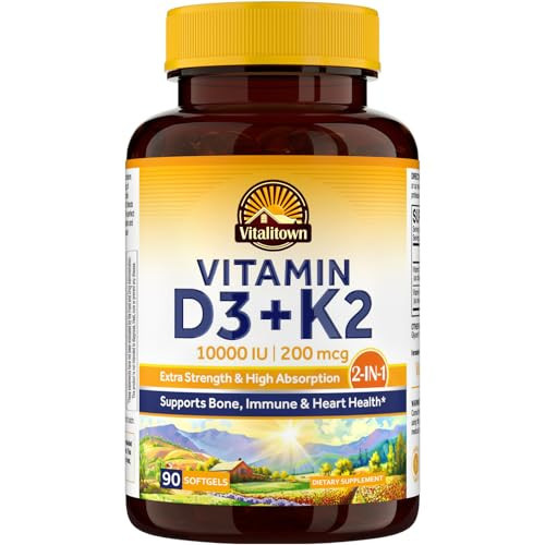 Vitalitown Vitamin D3 K2 Supplement, Vitamin D3 10000 IU Vitamin K2 (MK7) 200 mcg, 90 Softgels, Non-GMO, No Gluten & Soy, for Bone, Teeth, Immune & Heart Health | Amazon (US)