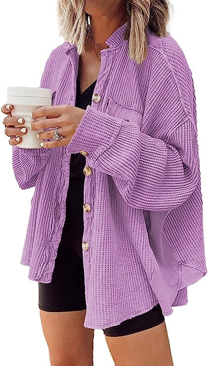 Nirovien Womens Waffle Knit Shirt Jacket Oversized Button Down Shacket Batwing Sleeve Tops with P... | Amazon (US)