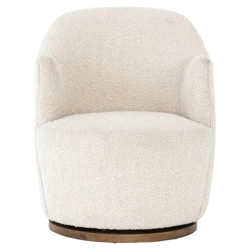 Samuel French Country Beige Performance Boucle Brown Wood Swivel Arm Chair | Kathy Kuo Home