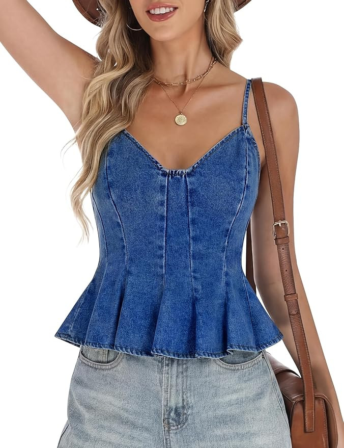 BISUAL Peplum Denim Top V-Neck Crop Denim Halter Top Jean Vest Retro Denim Corset Tank Tops Women... | Amazon (US)