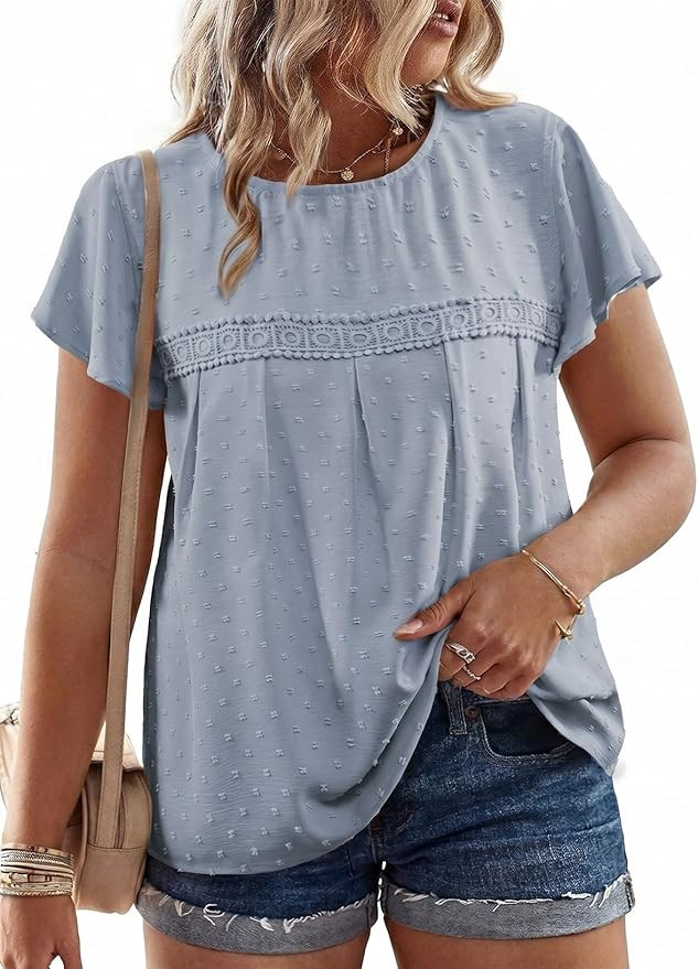 Eytino Plus Size Tops for Women Crewneck Lace Crochet Pom Pom Blouses Summer Short Sleeve Casual ... | Amazon (US)