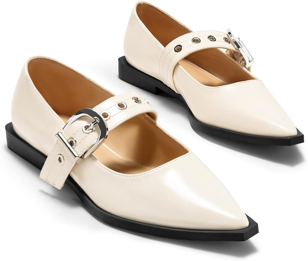 Coutgo Womens Mary Jane Flats Closed Pointed Toe Ballet Flat Studded Metal Adjustable Buckle Dres... | Amazon (US)
