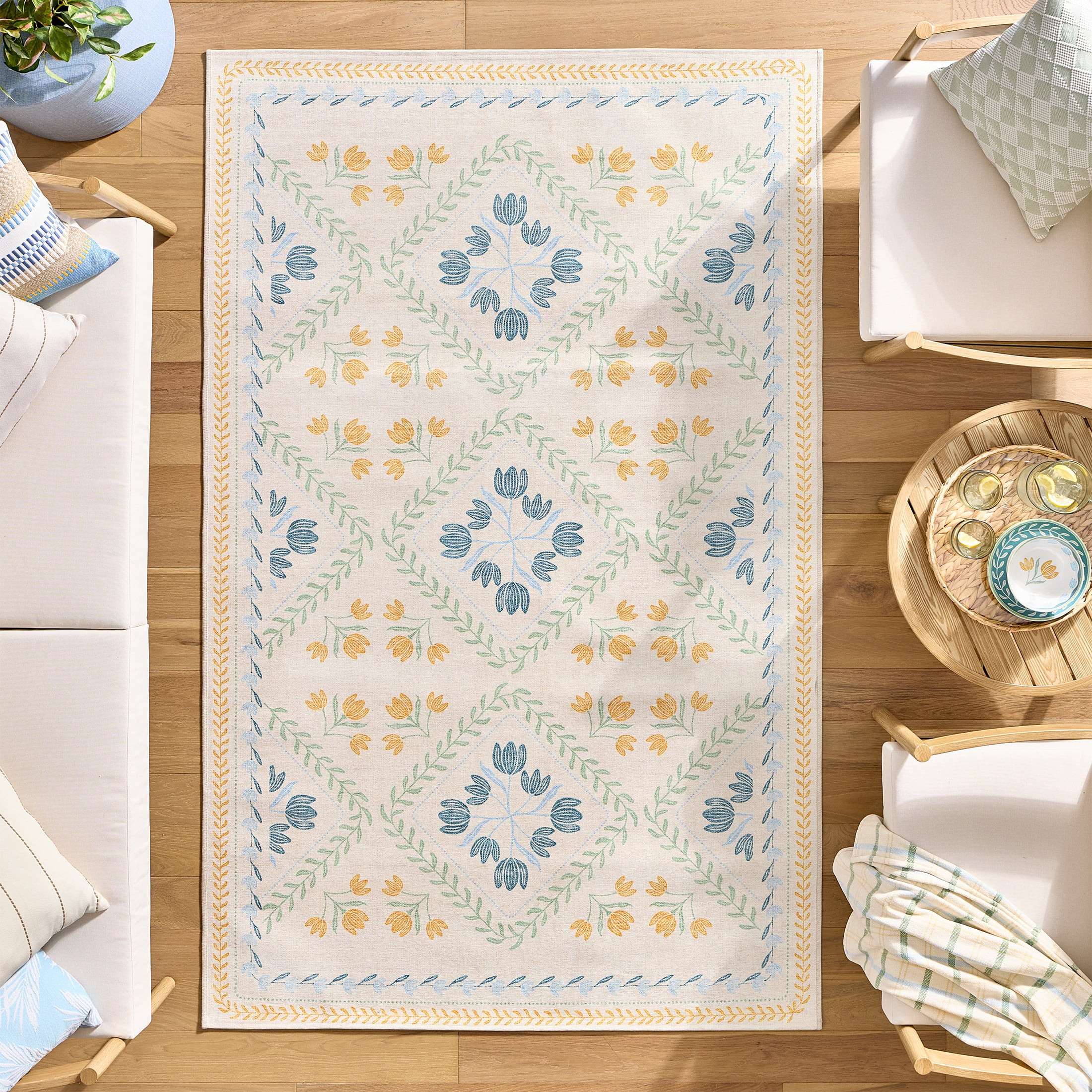 Better Homes & Gardens Blue & Yellow Soliel Floral 7' x 10' Area Rug | Walmart (US)