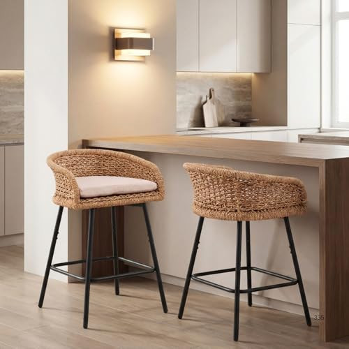 DAYALANE 25" Wicker Counter Height Bar Stools Set of 2, Modern Rattan Bar Chairs with Metal Frame and Cane Back, Boho Woven Barstools with Polyester Cushion for Living Room/Dining Room/Kitchen, Khaki | Amazon (US)