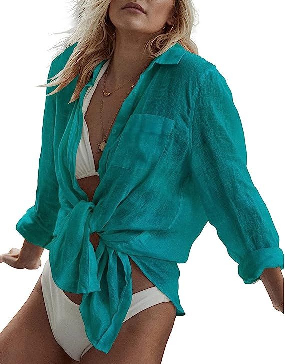 Bsubseach Women Long Sleeve Beach Shirt Blouses Turn Down Collar Bathing Suit Cover Ups | Amazon (US)