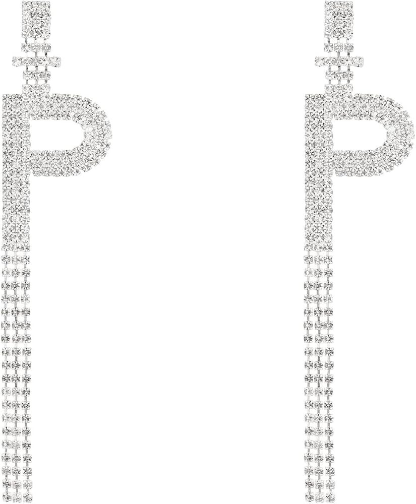 Initial Rhinestone Earrings Sparkle Alphabet Dangle Drop Earrings Clear Crystal Tassel Chandelier... | Amazon (US)