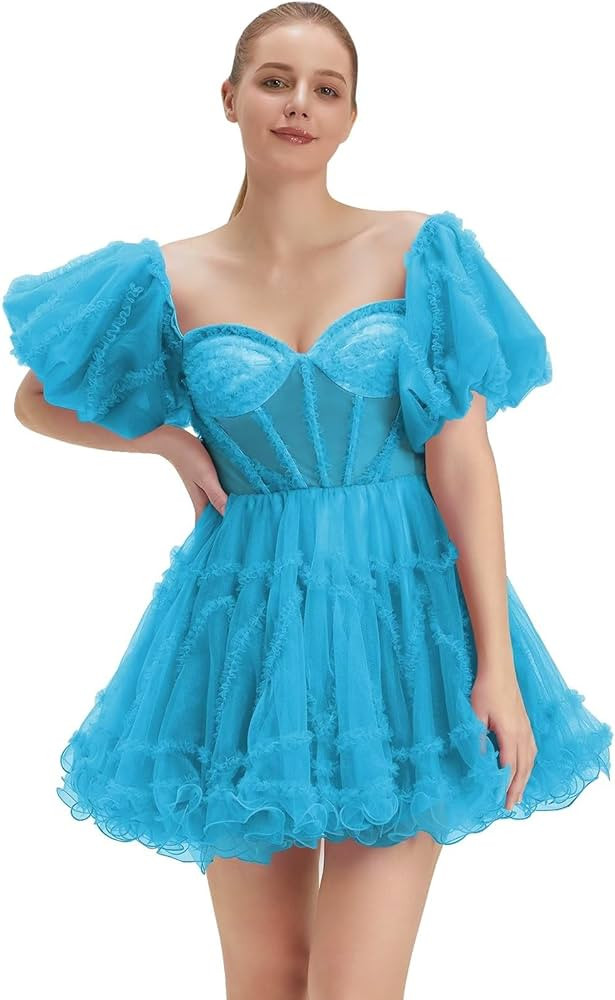 Tiered Tulle Homecoming Dresses Off Shoulder Short Prom Dresses Short Sleeve Formal Party Gowns | Amazon (US)
