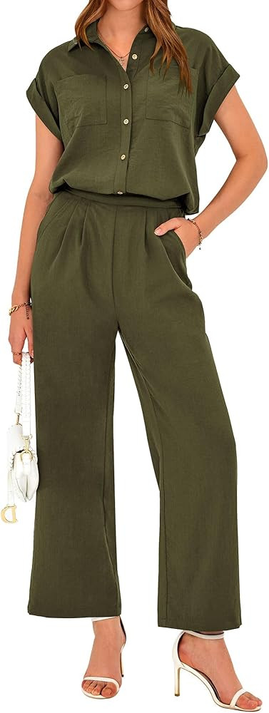 PRETTYGARDEN Women's Summer 2 Piece Outfits 2024 Casual Tracksuit Short Sleeve Button Down Shirts... | Amazon (US)