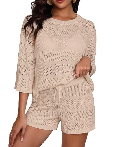 Women's Two Piece Coverup Set - Crochet Beach Cover Ups with Shorts Half Sleeve Swimsuit Bathing Suit Coverups Beige L | Amazon (US)
