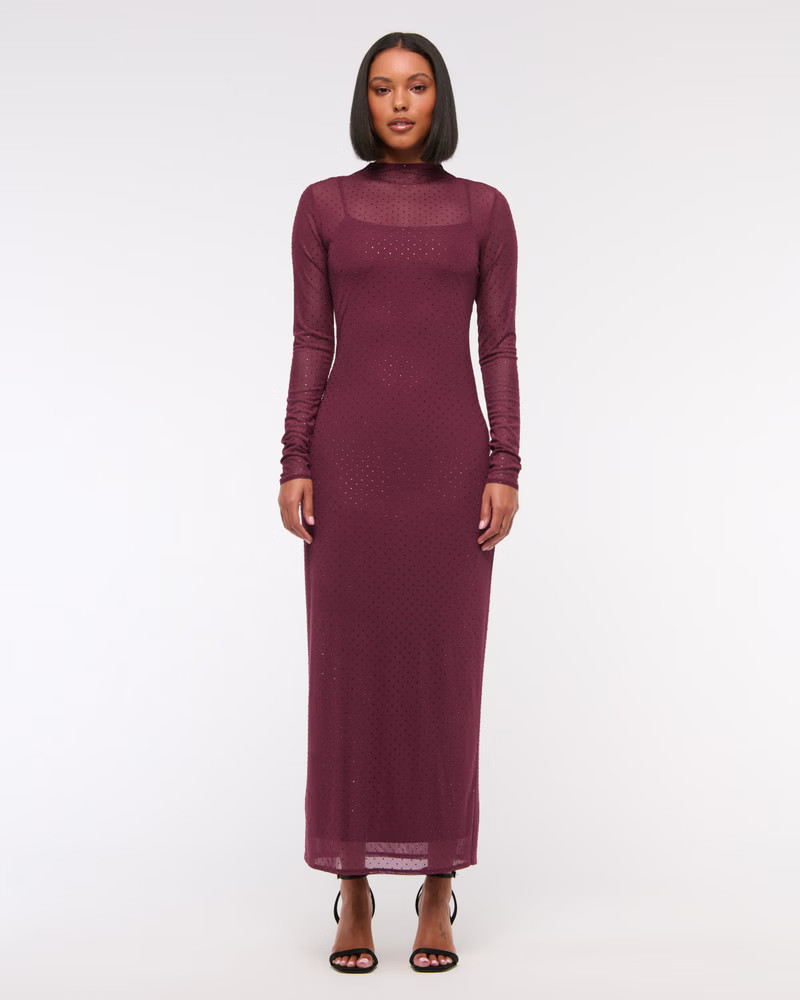 Long-Sleeve Rhinestone Mesh Maxi Dress | Abercrombie & Fitch (US)