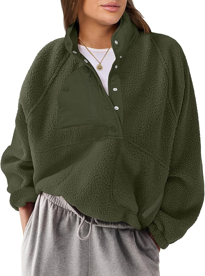 ANRABESS Women Fleece Sherpa Pullover Sweatshirt Cropped Loose Fuzzy Jacket Soft Button Down Wint... | Amazon (US)