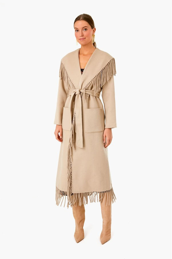 Sand Carrie Double Faced Wool Lapel Fringe Long Coat | Jonathan Simkhai | Tuckernuck (US)