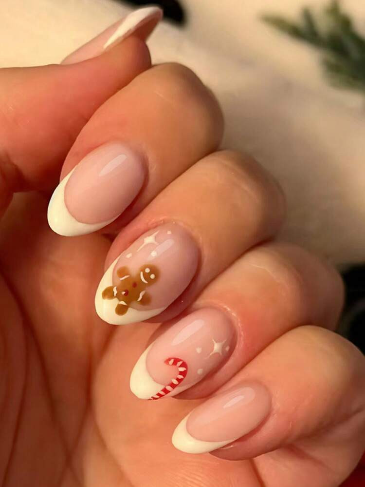 24 Pieces Of Oval Relief Nail Stickers, Featuring A Simple French Gingerbread Man Design, Suitable For Christmas And Autumn/Winter Seasons (Including Elements Such As Shiny Stars And Polka Dots), A Relief Sticker Set, Acrylic Nail Stickers, Fake Nails, Nail Care Products. Applicable For Occasions Such As Ladies' Dates, Parties, Daily Work, New Year Gift Parties, Etc., Enhancing Your Charm. Nail Art | SHEIN