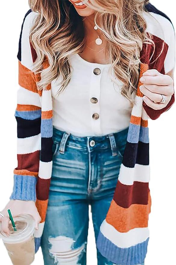HZSONNE Women's Casual Color Stripe Open Front Slouchy Cardigan Lightweight Crochet Side Pocket K... | Amazon (US)