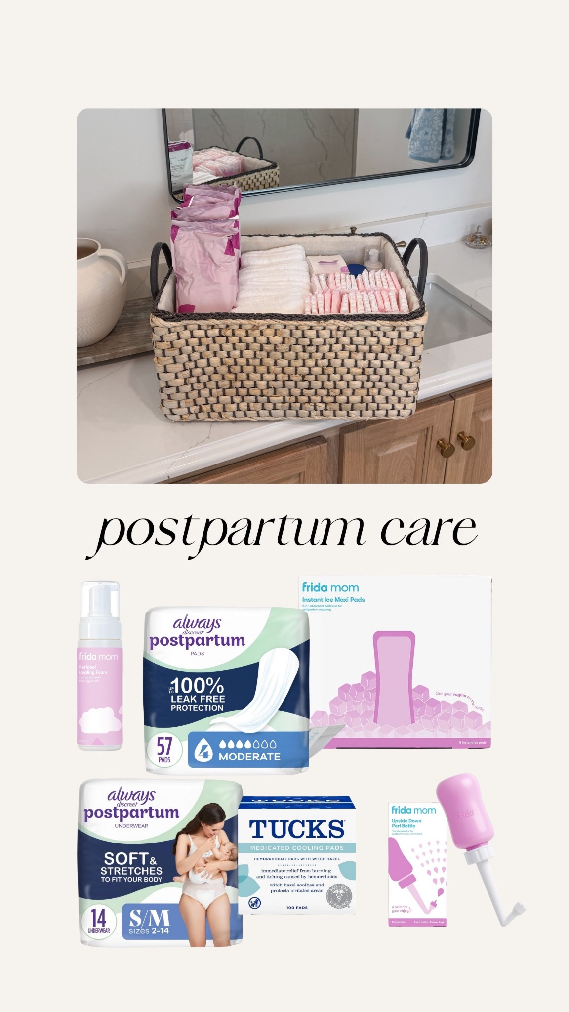 All the postpartum care items I bought for home after I have my baby! Everything from diapers, to pads, ice packs, and items that make everything calmer!

The basket is from the container store and perfect for storing everything I need!
