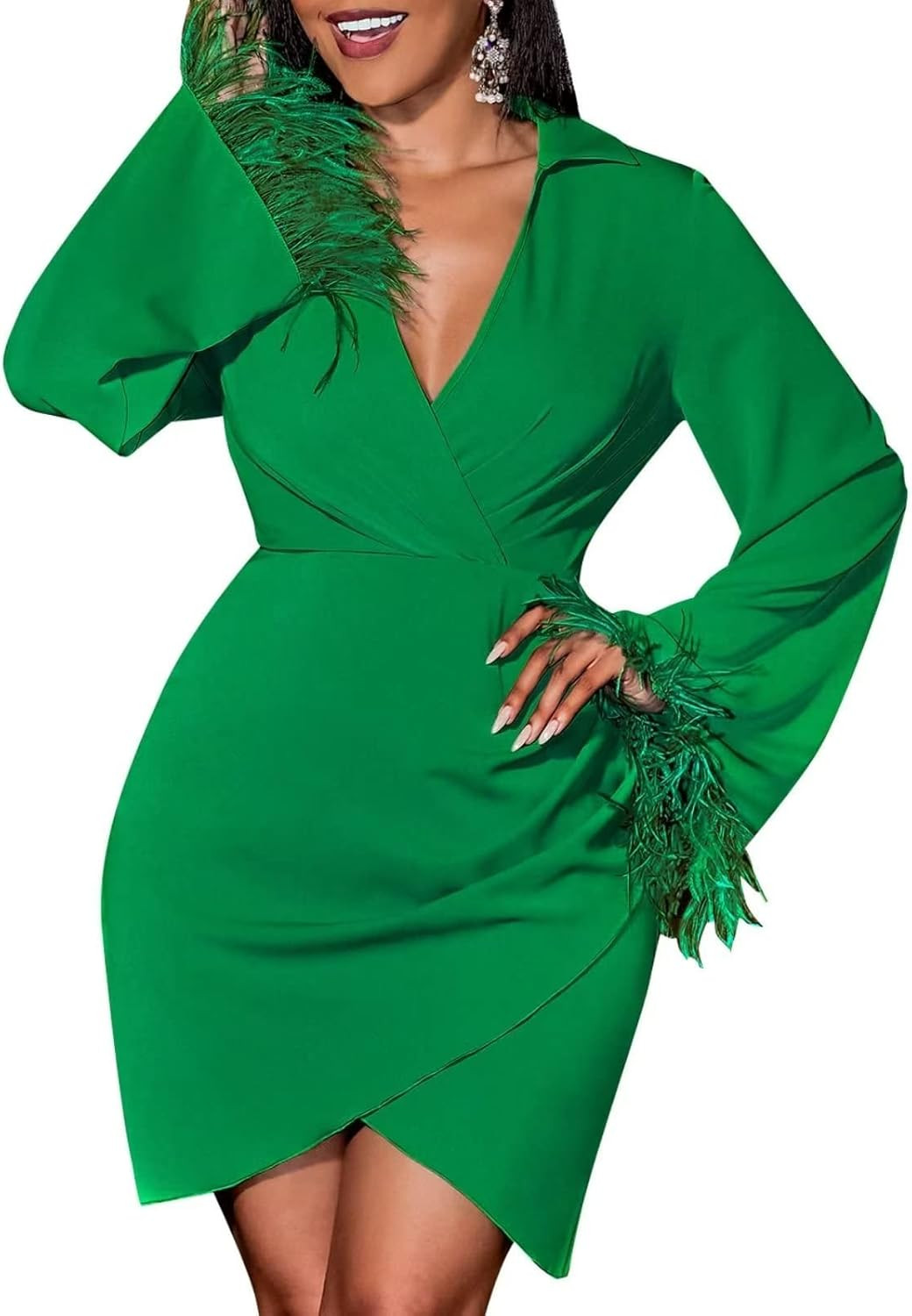 Women’s Wrap Mini Feather Dresses Sexy Long Sleeve Deep V Neck Bodycon Formal Cocktail Party Club Ni | Amazon (US)