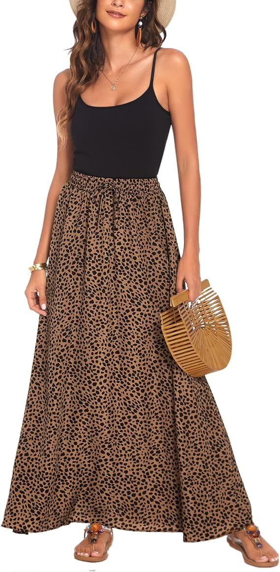 Bluetime Women Flowy Long Skirts Summer Beach Pleated Elastic High Waisted Casual Maxi Skirts | Amazon (US)