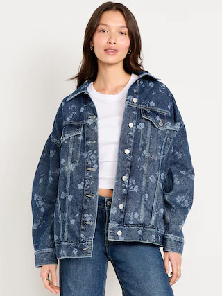 Oversized Floral Print Jean Trucker Jacket | Old Navy (US)