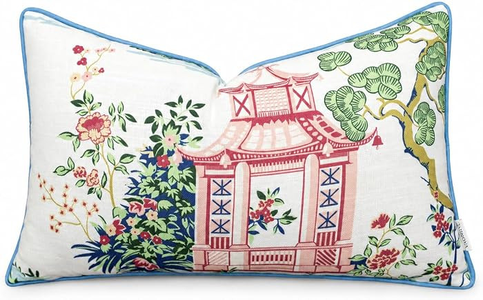 VAGMINE Chinoiserie Pagoda Floral Print 12x20 Lumbar Pillow Cover, Pink | Amazon (US)